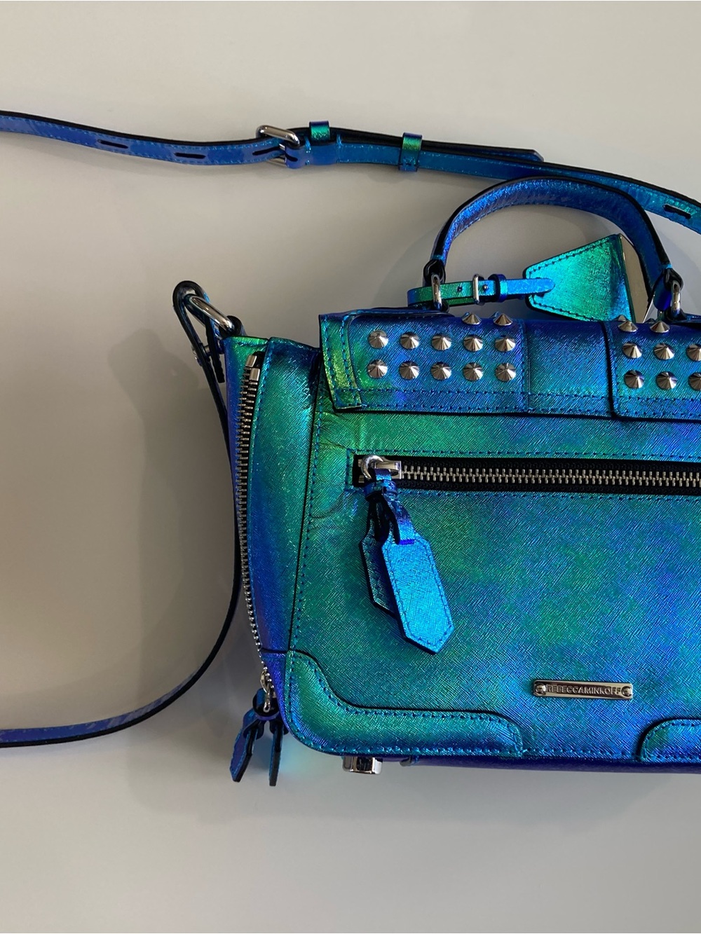 Rebecca Minkoff Iridescent Blue-Green Studded Satchel - Picture 11 of 15